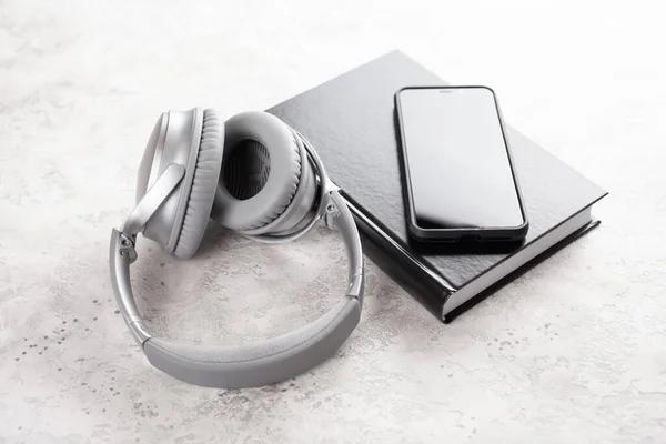 Audiobook Concept Modern Wireless Headphones Smartphone Book — Stock Photo, Image