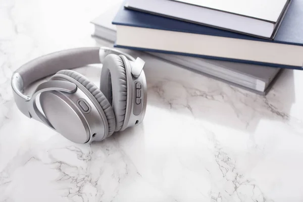 Audiobook Concept Modern Wireless Headphones Book — Stock Photo, Image