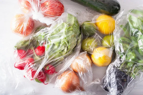 Thema Einweg Plastikmüll Obst Und Gemüse Plastiktüten — Stockfoto