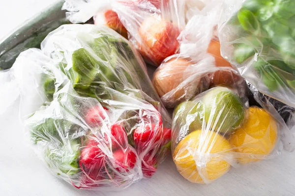 Thema Einweg Plastikmüll Obst Und Gemüse Plastiktüten — Stockfoto