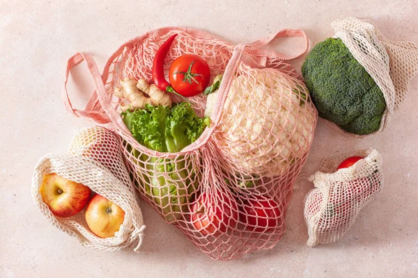 Fruit Groenten Herbruikbare Mesh Katoenen Zak Plastic Gratis Nul Afvalconcept — Stockfoto