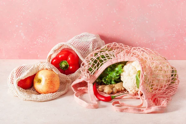 Fruit Groenten Herbruikbare Mesh Katoenen Zak Plastic Gratis Nul Afvalconcept — Stockfoto