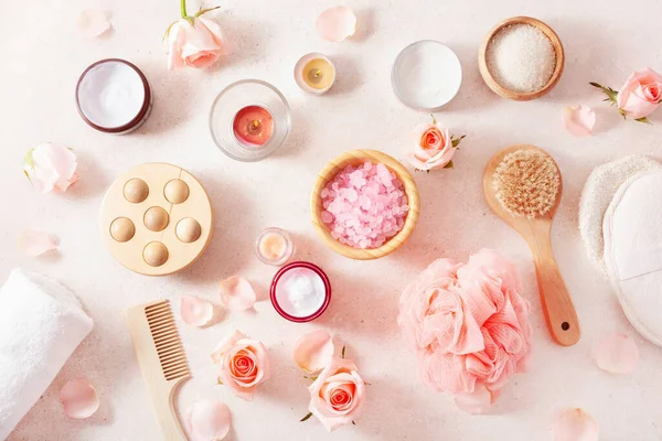 Productos Para Cuidado Piel Flores Rosas Cosméticos Naturales Para Tratamiento — Foto de Stock