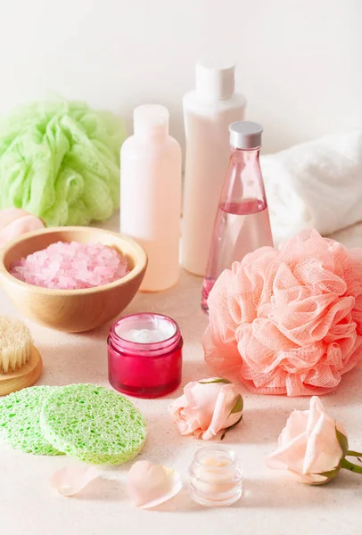 Skincare Products Rose Flowers Natural Cosmetics Home Spa Treatment — Stock Photo, Image