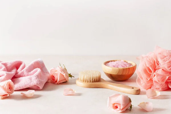 Body Bathroom Skincare Rose Flowers Home Spa Treatment — Stock Photo, Image