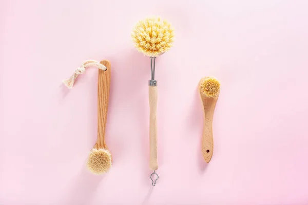 Zero Waste Eco Friendly Cleaning Concept Wooden Brushes Pink Background — Stock Photo, Image