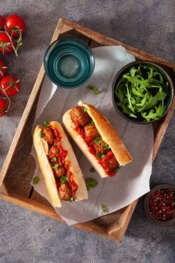 Peynirli ve domates soslu köfteli sandviç. Amerikan italyan fast food