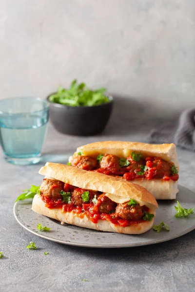 meatball sub sandwich with cheese and marinara tomato sauce. american italian fast food