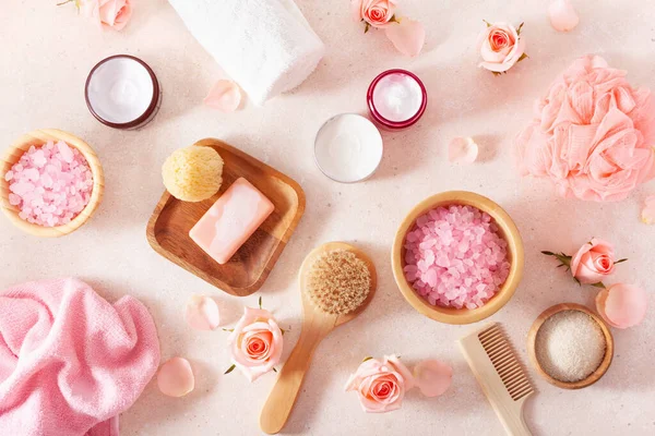 Skincare Body Products Rose Flowers Natural Cosmetics Home Spa Treatment — Stock Photo, Image