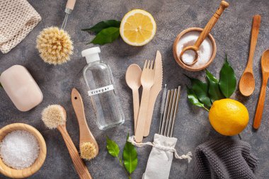 sıfır atık çevre dostu mutfak konsepti. Tahta fırçalar, limon, kabartma tozu, sirke, saman içmek.