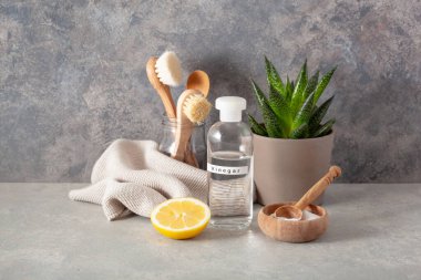sıfır atık çevre dostu temizlik konsepti. Tahta fırçalar, limon, kabartma tozu, sirke.