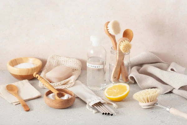 Zero Waste Eco Friendly Cleaning Concept Wooden Brushes Lemon Baking — Stock Photo, Image