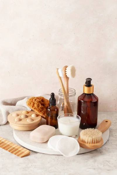 Zero Waste Umweltfreundliches Hygiene Badezimmerkonzept Holzzahnbürste Seifenbürste Kosmetik — Stockfoto