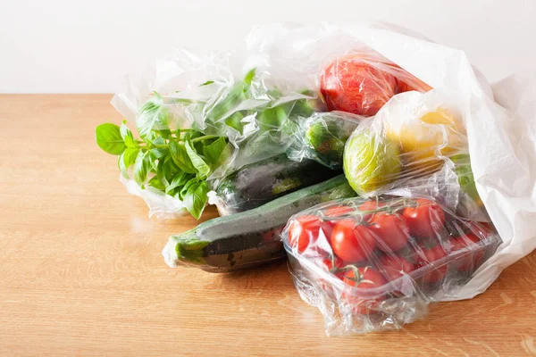 Thema Einweg Plastikmüll Obst Und Gemüse Plastiktüten — Stockfoto