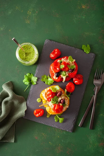 Doldurulmuş dolma biber, kinoalı domates zeytin ve bitki soslu chimichurri.