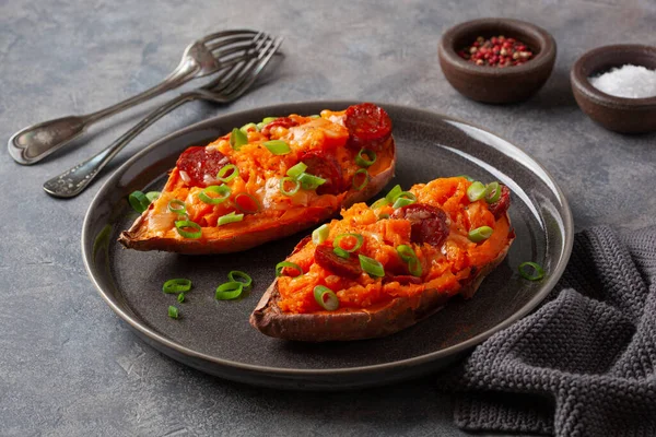 Twice Baked Sweet Potato Cheese Chorizo Sausage — Stock Photo, Image