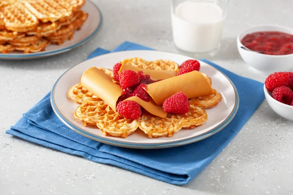 Waffles Com Brunost Norueguês Tradicional Queijo Marrom Geléia Framboesa — Fotografia de Stock