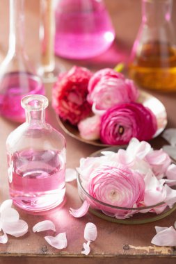 Simya ve aromaterapi tipik çiçekler ve şişe ile ayarla