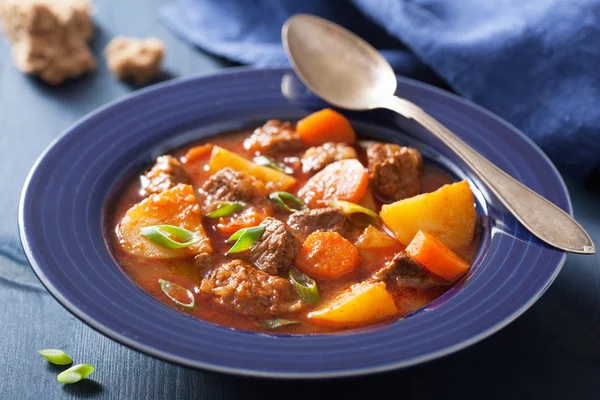 Stoofpot van rundvlees met aardappel en wortel in blauw bord — Stockfoto