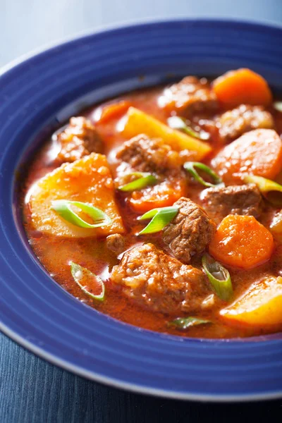 Stufato di manzo con patate e carote in piatto blu — Foto Stock