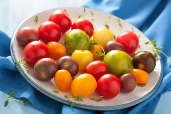Tomates coloridos em placa no fundo azul — Fotografia de Stock
