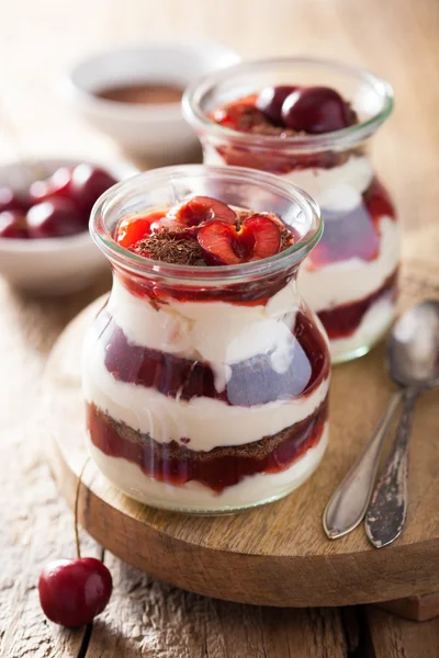 Frisk dessert med crème fraiche sylt och choklad — Stockfoto