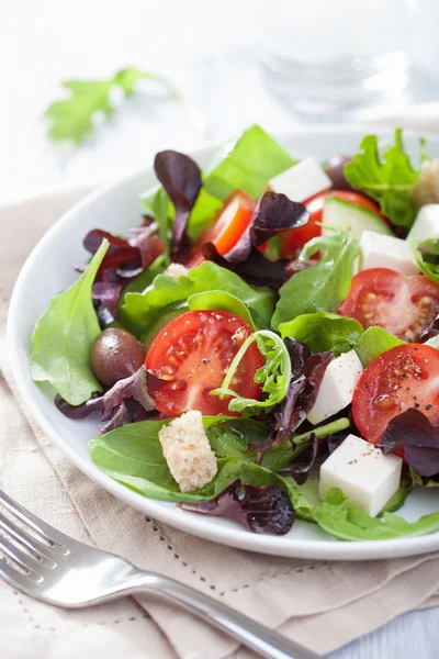 Zdravý salát s rajčaty, olivami a sýrem feta — Stock fotografie
