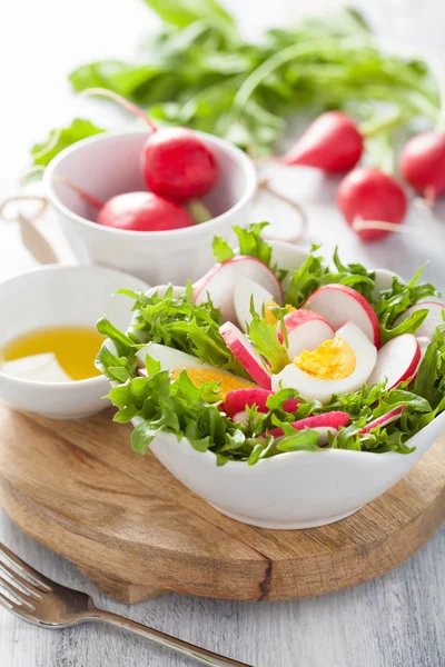 Gezonde salade met ei radijs en groene bladeren — Stockfoto