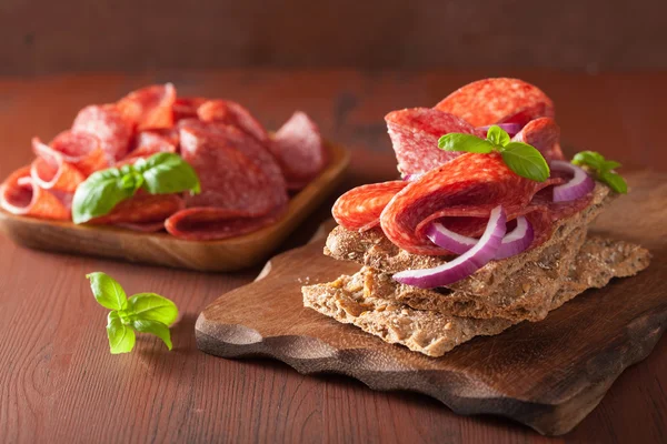 Pan crujiente con salami y cebolla roja —  Fotos de Stock