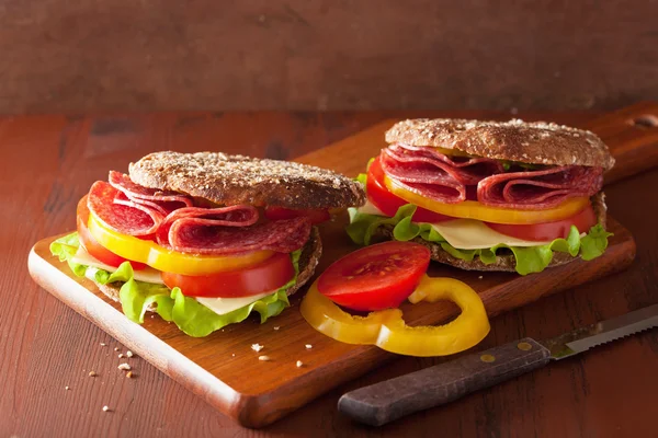 Sanduíche saudável com salame de tomate pimenta e alface — Fotografia de Stock