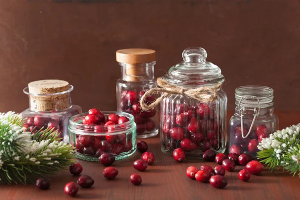 在玻璃罐子里，冬季装修的新鲜蔓越莓 — 图库照片