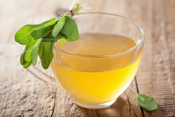 Egészséges növényi zsálya tea üveg pohár zöld levél — Stock Fotó