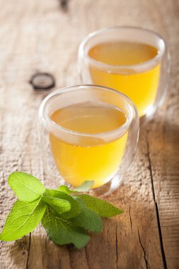 Cam bardak yeşil yaprakları ile bitki adaçayı çayı 