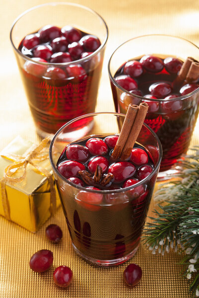 glass of mulled wine with cranberry and spices, winter drink