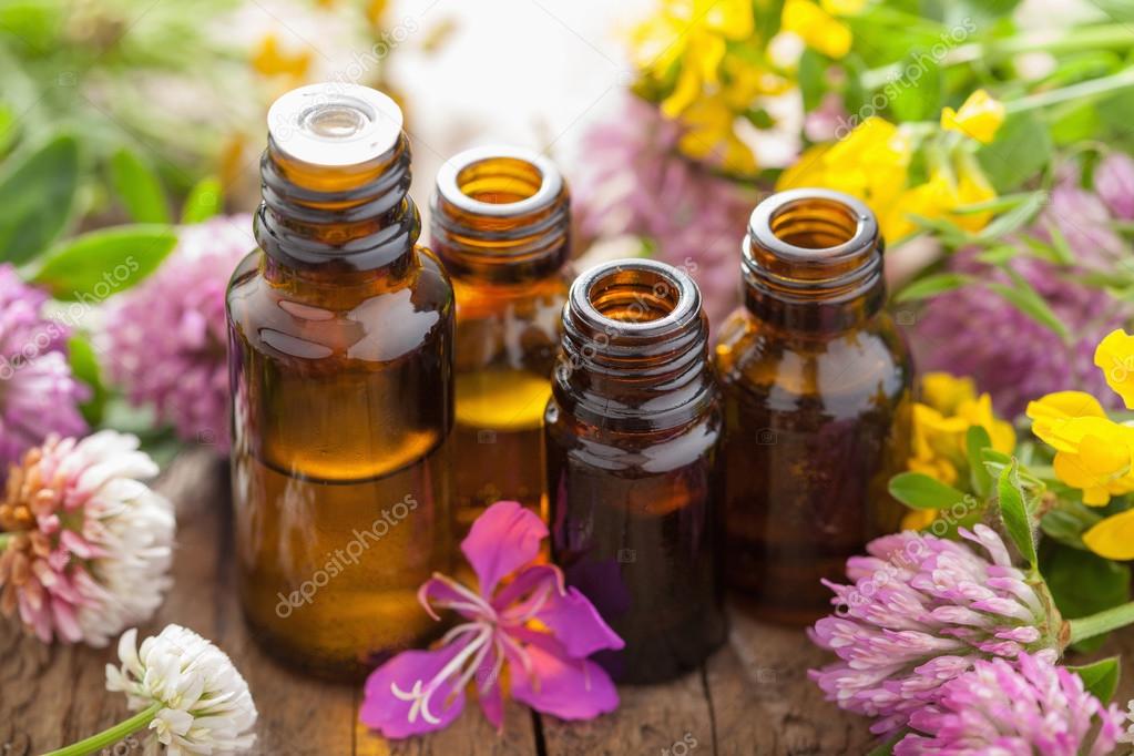 Essential oils and medical flowers herbs — Stock Photo © duskbabe 57731013