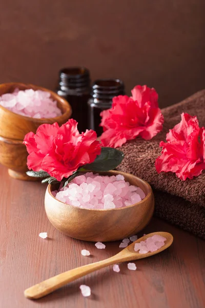 Wellness-Aromatherapie mit Azaleen-Blüten und Kräutersalz auf rustikalem d — Stockfoto