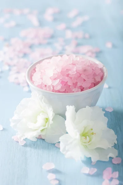 Spa aromatherapy set with azalea flowers and herbal salt — Stock Photo, Image