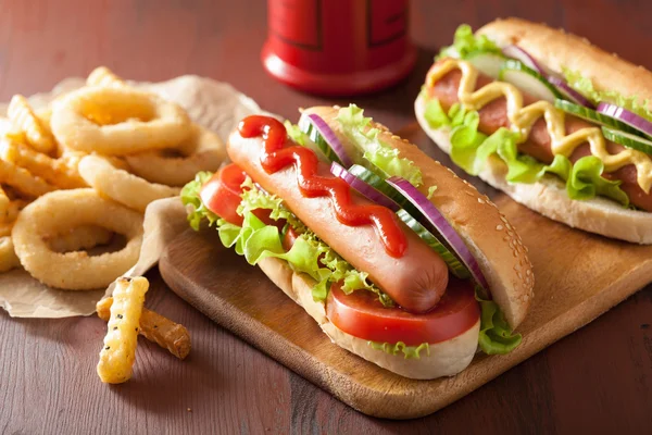 Hotdog with ketchup mustard vegetables and french fries — Stock Photo, Image