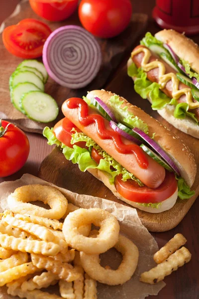 Cachorro-quente com ketchup mostarda legumes e batatas fritas — Fotografia de Stock