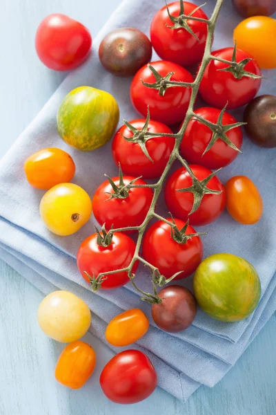 Красочные помидоры над голубой салфеткой — стоковое фото
