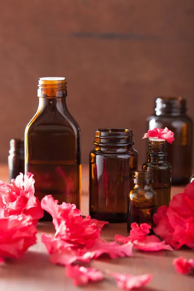 Aceite esencial flores de azalea sobre fondo rústico oscuro — Foto de Stock