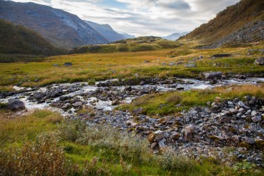 Geiranger yakınındaki Norveç dağ sonbahar manzarası