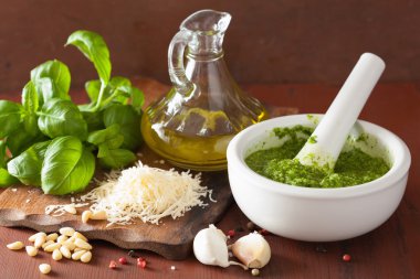 ahşap rustik arka plan üzerinde pesto soslu için malzemeler