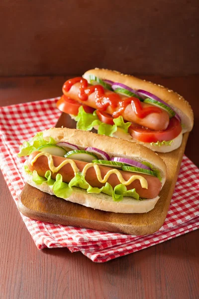 Hotdog with ketchup mustard and vegetables — Stock Photo, Image