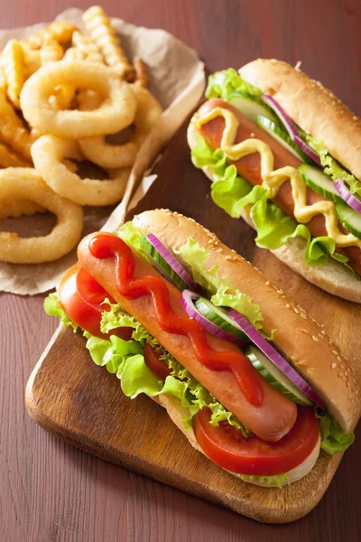 Хот-дог з кетчупом гірчичні овочі та картопля фрі — стокове фото