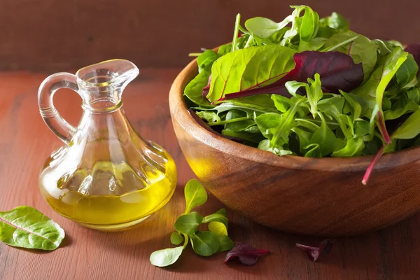 Fresh salad leaves in bowl: spinach, mangold, ruccola — Φωτογραφία Αρχείου