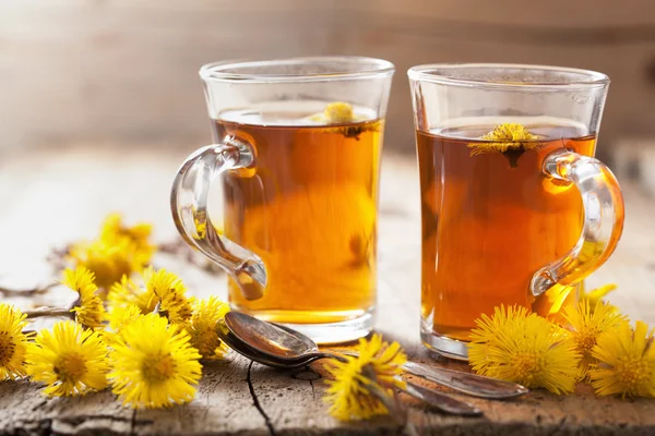 Herbal tea with coltsfoot flowers — Stock Photo, Image