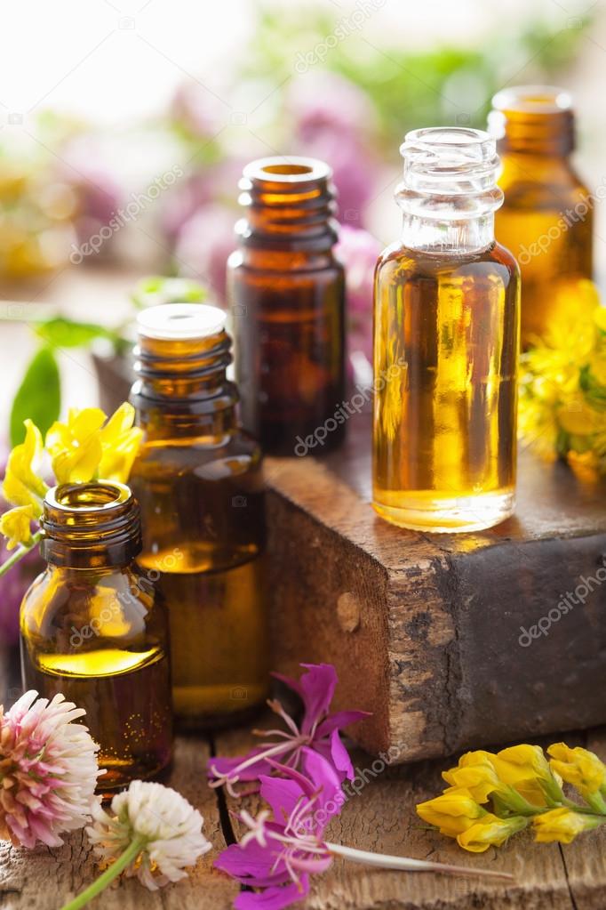 Essential oils and medical flowers herbs — Stock Photo © duskbabe 71826623