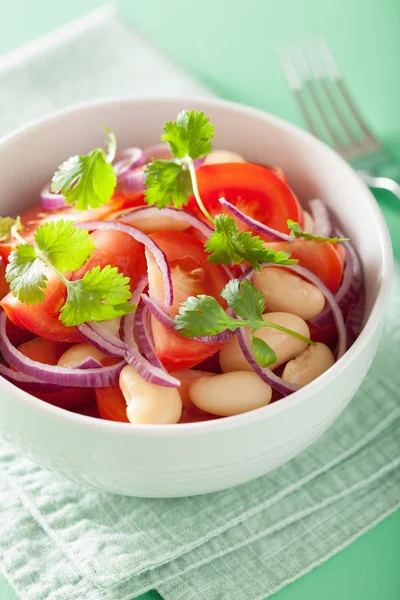 Healthy tomato salad with white beans onion coriander — Stock Photo, Image