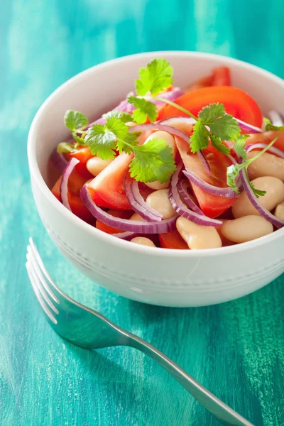 Healthy tomato salad with white beans onion coriander — Stock Photo, Image